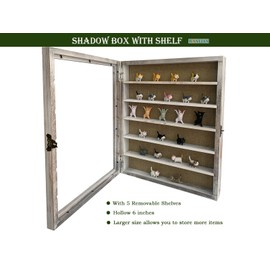 WANLIAN Large Shadow Box with Shelves, 16x20 Wooden Shadow Box Display Cabinet with Acrylic Window ，5 Removable Shelves and Linen Back ，for Displaying Photo Souvenir Collection（Rustic White）