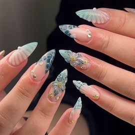 24 pcs Almond Press on Nails - Medium False Nails Blue Ocean - French False Nails With 3D Flower,Shells Star Designs Blue Ombre Nail Press on Nails with Glue