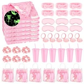 42PCS Sleepover Party Supplies for Girls, 6 Glow in The Dark Blanket 6 Tumbler 6 Spa Headb 6 Sleep Eye Mask 6 Scrunchies 6 Bags 6 Mirrors Combs for Spa Birthday Slumber Party Favors Gifts