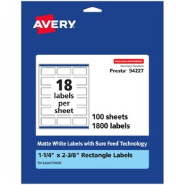 Avery Matte White Rectangle Labels with Sure Feed, 1-1/4" x 2-3/8", 1,800 Matte White Printable Labels