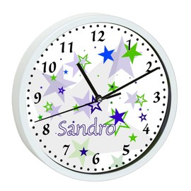 CreaDesign, WU-00-1030-21, Stars Blue Green Wall Clock for Children's Room, Customisable with Name, White Frame, Diameter 19.5 cm
