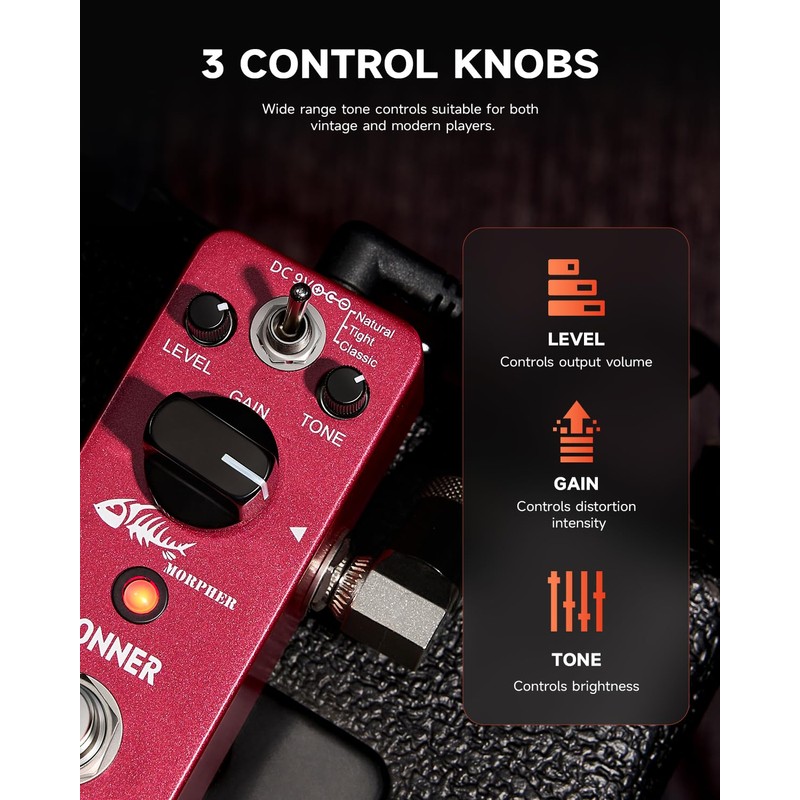 Donner Distortion Guitar Pedal, Morpher Mini Distortion 3 Modes Natural,
