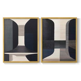 Renditions Gallery Set of 2 Peel & Stick Framed Prints, Abstract Wall Art, Blue & Gray Woven pattern Wall Decor, Re-Stickable - Ready to Hang - 22"x28" - Gold Frame LT608