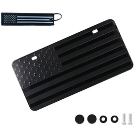 American Black USA Flag Embossed Custom Designed Aluminum Metal 2 Hole License Plate, 3D Stars and Stripes Patriotic Vanity Gift License Plate Cover Textile Black Proud US Flag Keychain (Black)