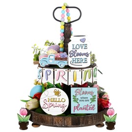 Patelai 12 Pcs Spring Tiered Tray Decor Set Hello Spring Decor Wooden Truck Tulip Flower Table Signs Rustic Farmhouse Spring Decorations for Home Kitchen Tabletop Holiday Party Decor