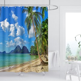 ZXMBF Tropical Beach Shower Curtain Ocean Palm Trees Summer Seaside Island Blue Sky White Cloud Hawaii Landscape Waterproof Polyester Fabric Home Bathroom Décor 72Lx60W Inch 12PCS Plastic Hooks