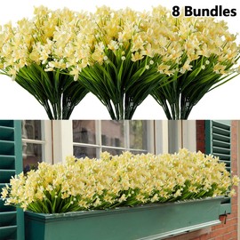 HAPLIA 8 Bundles Artificial Daffodils Flowers, Fake Artificial Greenery UV Resistant No Fade Faux Plastic Plants for Wedding Bridle Bouquet Outdoor Home Garden Kitchen Office Table Vase (Yellow)