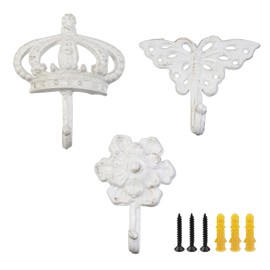 MY MIRONEY Set of 3 Cast Iron Wall Hooks White Shabby Chic Decorative Hook Hardware Vintage Rustic Coat Hooks Farmhouse Wall Hanger with Screws and Anchors (Rose, Butterfly, Crown)