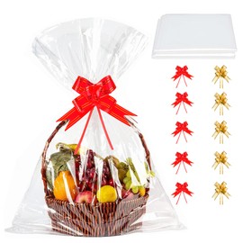 Pack of 10 Transparent Cellophane Bags Large Extra Cellophane Wrapped Gift Basket, Birthday Gift Cellophane Gift Basket Cellophane Bags for Christmas, Birthday Gifts