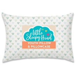 Little Sleepy Head Youth Pillow with Pillowcase 16x22, Jumbo Toddler Pillow, Hypoallergenic Pillowcase - Best Kids Pillows for Sleeping, Perfect Kids Travel Pillow (Hearts Sage)