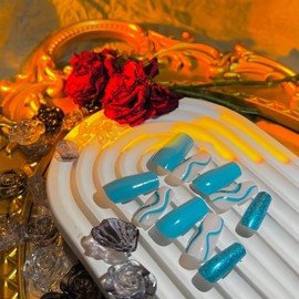 Ricefod Press on Nails Long Square, Reusable False Nails Press on Bling Blue and White Fake Nail 24pcs Nails Press ons