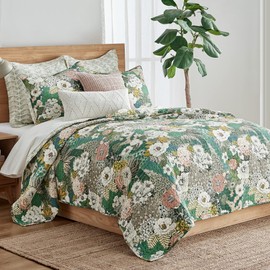 Levtex Home - Bettina Quilt Set - Full/Queen Quilt and Two Standard Shams - Floral - Teal, Blue, Green, Mauve, Cream - Quilt (88x92in.) and Shams (20x26in.) - Reversible - Cotton