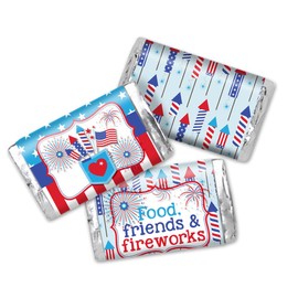 Food, Friends & Fireworks Party Mini Chocolate Candy Bar Sticker Wrappers, 45 1.4" x 2.6" Wrap Around Labels by Amanda Creation, Great for Party Favors