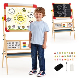 HONEY JOY Easel for Kids, Rotatable Double-Sided Wooden Toddler Easel w/Magnetic Chalkboard & White Board, Paper Roll, Painting Accessories, Dry Erase Board, Art Easel for Boys Girls