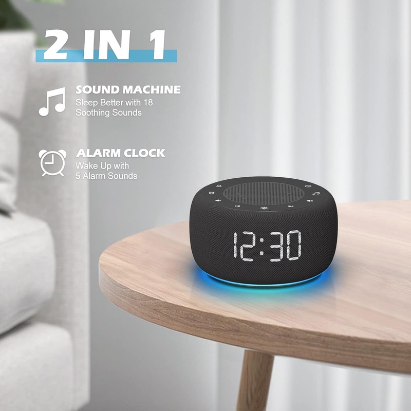 Reloj despertador y máquina de ruido blanco con luz nocturna