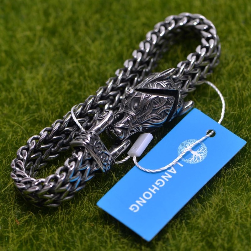 LANGHONG Norse Viking Wolf Bracelet Men's Stainless Steel Mesh Chain
