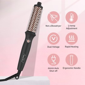 Heated Round Brush, Fast Heating Curling Iron Brush for Blowout Look，3 Temp Settings，1.25 Inch Heated Curling Brush with Dual Voltage, Smooth and Voluminous Curls for Travel