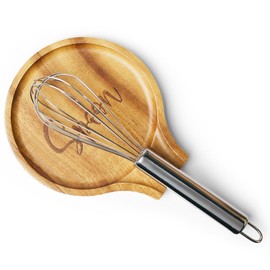 Acacia Wood Spoon Rest, Wooden Spoon Holder With Non Slip Silicone Feet, Multifunctional Kitchen Utensil Holder and Rest for Kitchen Countertop, Brown Labeled "Spoon", 6.1" x 5.1" Irregular