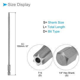 CoCud T15 Torx Head Screwdriver Bit, 6" Long 1/4 Inch Hex Shank, Magnetic Security Tamper Proof Star Drill Driver - (Applications: for Repair), 2-Pieces