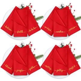 Sliner 12 Pcs Christmas Cloth Napkins Set 17 x 17 Inch Embroidered Seasonal Sayings Dinner Fabric Napkins Washable Wishes Grateful Blessed Merry Christmas Napkins for Holiday Kitchen Party(Red)