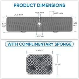 24 inch Longer Faucet Mat for Kitchen Sink with Reusable Multi-Purpose Dish Washing Scrubber, 5° Slope Premium kitchen Sink Splash Guard, Fast Self-Draining Sink Faucet Mat Splash Guard (Grey)