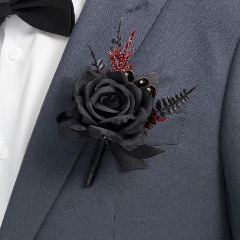 JHCYULUO Black Wrist Corsage and Boutonniere Set for Wedding Artificial