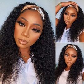 WENYAN Deep Wave Headband Wig Human Hair Wigs for Black Women Human Hair 14Inch None Lace Front Wigs Perruque Femme Humain Naturel Glueless Real Hair Curly Wave Wig 150% Density