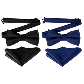 KALOEY Men's Satin Bow Tie and Pocket Square Set - 2 Sets Pre-Tied Adjustable Neck Tie, Formal Tuxedo Accessories for Weddings, Black Tie Events, and Special Occasions