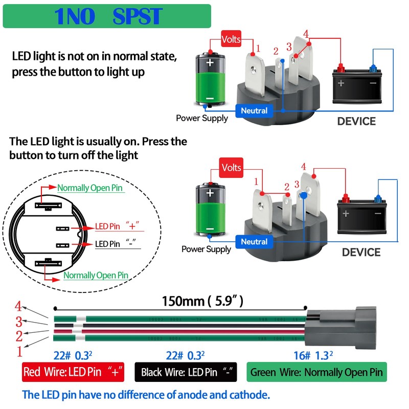 UL Listed 15 Amp Momentary Push Button Switch 16mm 5/8"
