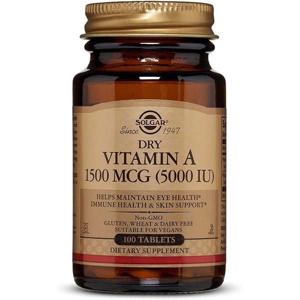 Solgar Dry Vitamin A 1500 mcg (5000 IU), 100 Tablets - Supports Healthy Eyes, Skin & Immune System - Non-GMO, Vegan, Gluten Free, Dairy Free, Kosher - 100 Servings
