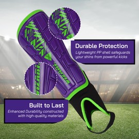 Vizari Malaga Soccer Shin Guards for Kids | Youth Soccer Gear for Boys Girls | Protective Soccer Equipment | Adjustable Straps (Purple/Green, XX-Small)