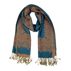 Achillea - Bufanda de doble capa jacquard con estampado de cachemira grande, Verde azulado (Teal Border), 80" X 28'