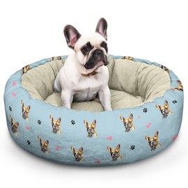 French Bulldog Calming Round Bed Washable Dog Bed Donut Indoor (French Bulldog, 30" L x 30" W x 8" Th)