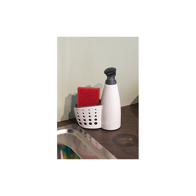 Casabella Sink Sider Kitchen Soap Pump and Sponge Caddy, White/Gray