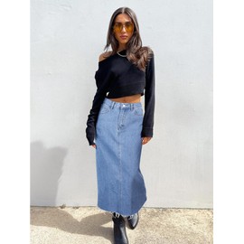 MISS MOLY Women's Jean Skirt Stretch High Waisted Frayed Raw Hem A Line Denim Midi Skirt with Pockets Blue L