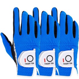 FINGER TEN Golf Gloves Men's All-Weather Right Hand Non-Slip Soft Golf Fiber Cloth Fit Velcro Sweat Resistant Multifunction Set of 3 (Right-Hand Wear-26, Blue)