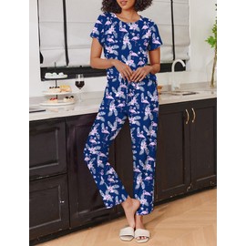 Ekouaer 2 Pack Pajamas for Women Set Short Sleeve Sleepwear Top and Pants Pjs Soft Printed Lounge Sets with Pockets Cheetah Flower/Navy Blue Flamingo Large