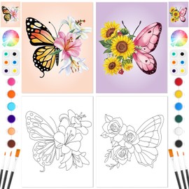 Dinifee 2 Pack Pre Drawn Canvas for Painting for Adults Sip and Paint Kit for Couple 8" x 10" Stretched Pre Printed Canvas for Couples Date Night Valentine Party (Vivid Butterfly)