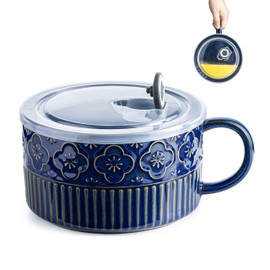 Gomakren Extra Large Soup Bowl with Handle, 39 Ounces Microwave Ramen Bowl, Ceramic Bowl with Lid, 6 Inch Soup Mug Cup for Cereal, Ramen, Instant Noodle, Cobalt Blue