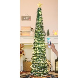 HMASYO 6 FT Pop Up Tinsel Christmas Tree with 100 LED Lights & Remote, Collapsible Artificial Pencil Tree with Snowflake Ornaments Xmas Decoration for Home, Office, Party, USB Powered Timer Lights