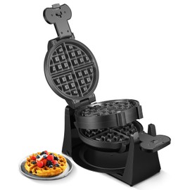 Double Belgian Waffle Maker Iron 180° Flip 1400W 8 Slices in 3 Mins, Rotating, Nonstick Baking Plates, Anti-Scald, Removable Easy to Clean Drip Tray, Cool-touch Handle, Space-Saving Storage, Black
