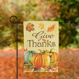 Pumpkins and Leaves "Give Thanks" Fall Harvest Outdoor Garden Flag - 18" x 12.5"