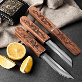 Samurai Chef Knife 2 In 1,Handmade Portable 2 In 1 Dragon And Phoenix Double Blades Knife,Japanese Black Dragon Knives,Chinese Phoenix Art Dual Blade Chef Knife,Fruit Double Knife (A)