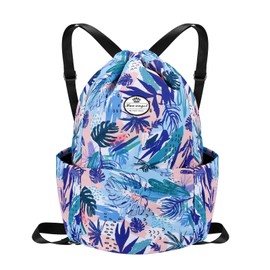 HUA ANGEL Drawstring Backpack, Floral Print String Backpack Cinch Drawstring Sackpack for Men Women Sport Gym Sack with Side Pocket, Blue Purple Leaves, Travel Backpacks