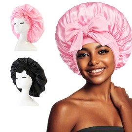 2 Piezas Gorro de Satin para Dormir, Ajustable Gorra de Seda para Dormir, Gorro de Satin para Dormir Cabello Rizado, Negro y Rosa