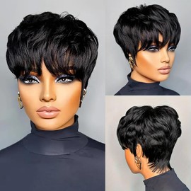 FREEKWEEN Short Black Human Hair Pixie Cut Wigs for Black Women Human Hair Glueless pixie Wig Layered None Lace Front Wig with Bangs Natural Straight Full Machine Made 1B Color