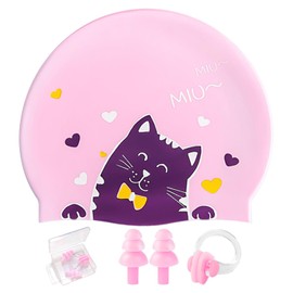 NIDHFG 1 Piece Pink Cat Swimming Cap, With 1 Piece Nose Clip And 1 Pair Of Earplugs, Children'S Swimming Cap, Elastic Swimming Cap, Swimming Equipment.