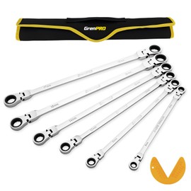 GRENPRO Extra Long Flex-Head Ratcheting Wrench Set Metric and Standard, Large Double Box End Wrench Set 72 Tooth 7PC 8-19MM Organizer with Roll Up Pouch with Gauge, Big Ratchet Wrenches Kit Tool Sets