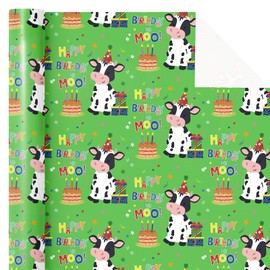 WRAPAHOLIC Cow Birthday Wrapping Paper Roll - Mini Roll - 17 Inch x 16.5 Feet - Cow Wrapping Paper with Birthday Cakes and Happy Birthday Moo Design Perfect for Girls Boy Kids Birthday, Party