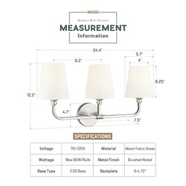 Bathroom Light Fixtures, Brushed Nickel Vanity Lights with Flared White Fabric Shade, 3 Light Wall Sconce, Modern Sconces Wall Lighting for Hallway Bedroom, VL837-BN-3